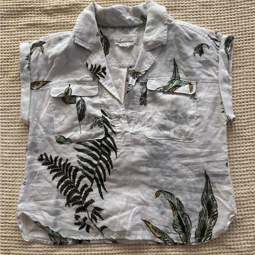 Anthropologie White & Light Green Botanical Short Sleeve Blouse